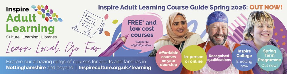 A banner featuring three smiling learners and advertising our Inspire Learning course guide for spring 2026.