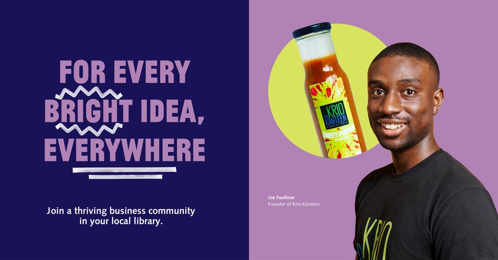 Image of young man next to blue background with purple text saying For every bright idea everywhere.