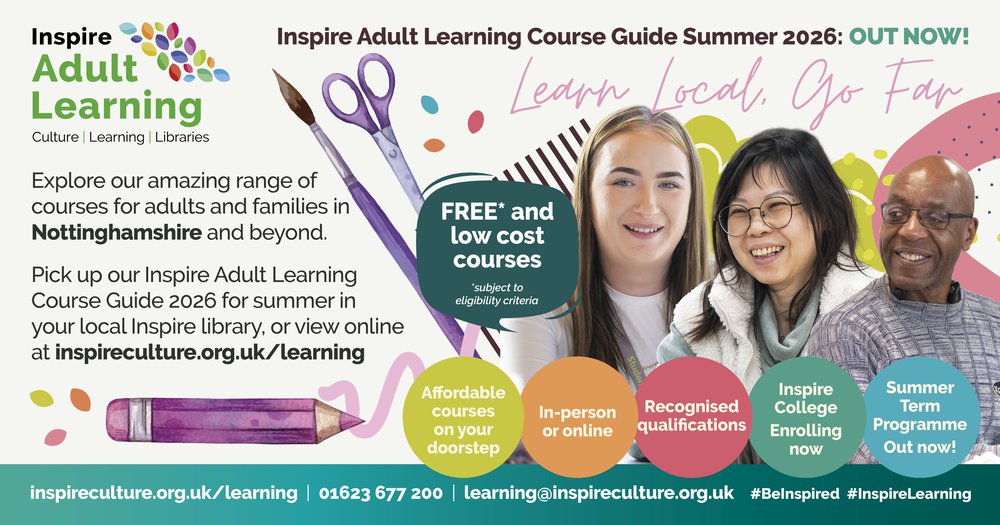 Three learners on a colourful banner with the Adult Learning logo