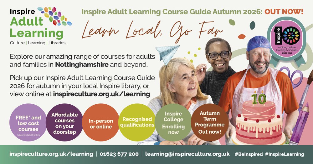 Three learners on a colourful banner with the Adult Learning logo