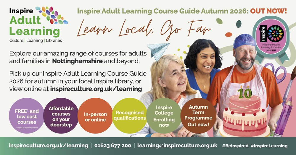 Three learners on a colourful banner with the Adult Learning logo