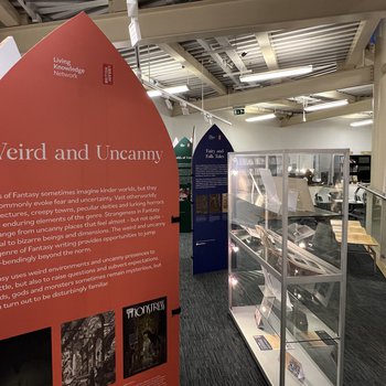 View of gallery at Worksop Library showing a panel from the Fantasy: Realms of Imagination Exhibition