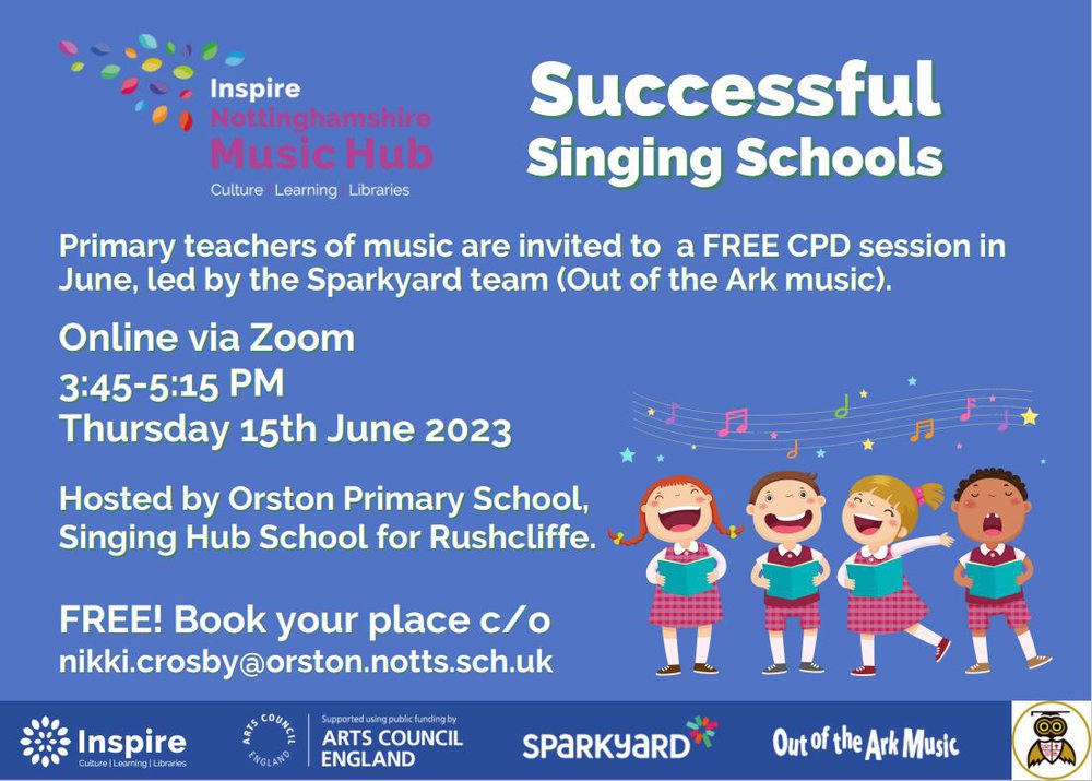 Advert for a free online primary CPD session scheduled for 3.45-5.15pm on Thursday 15th June 2023. Email nottsmusichub@inspireculture.org.uk to book.