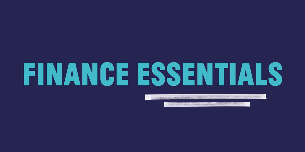 light blue text against dark blue background with the words Finance Essentials.