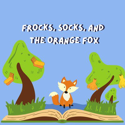 A cartoon illustration of a fox sat on an opened book with socks hanging from tree's either side of him