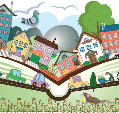 Graphic drawing of an open book with a street scene. There is a pigeon on top of a house roof and a rat in the foreground grass.