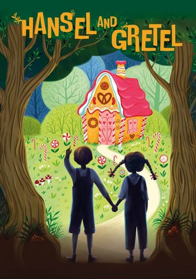 A brightly coloured illustrated Gingerbread House stands in the distance, surrounded be trees. A path leads to two figures in the foreground holding hands facing the house. One pointing.   In text, Hansel and Gretel.