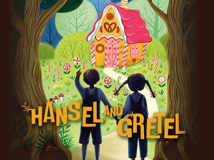 A brightly coloured illustrated Gingerbread House stands in the distance, surrounded be trees. A path leads to two figures in the foreground holding hands facing the house. One pointing.   In text, Hansel and Gretel.