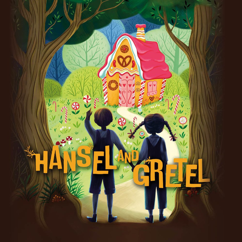 A cartoon image of a boy and girl in a woods holding hands with a gingerbread house in the background.