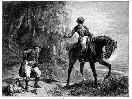 A black and white image of a man on a black horse, wearing a black cloth mask over his eyes and a tricorn hat, aiming a pistol at a second man in a frock coat, calf boots and a tricorn hat who stands on the ground. A spaniel dog is lying at his feet.