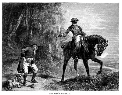 A black and white image of a man on a black horse, wearing a black cloth mask over his eyes and a tricorn hat, aiming a pistol at a second man in a frock coat, calf boots and a tricorn hat who stands on the ground.