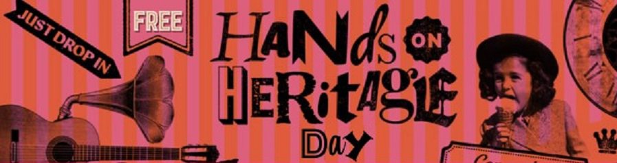 The banner for Hands on Heritage Day - black text on a pink and orange striped background