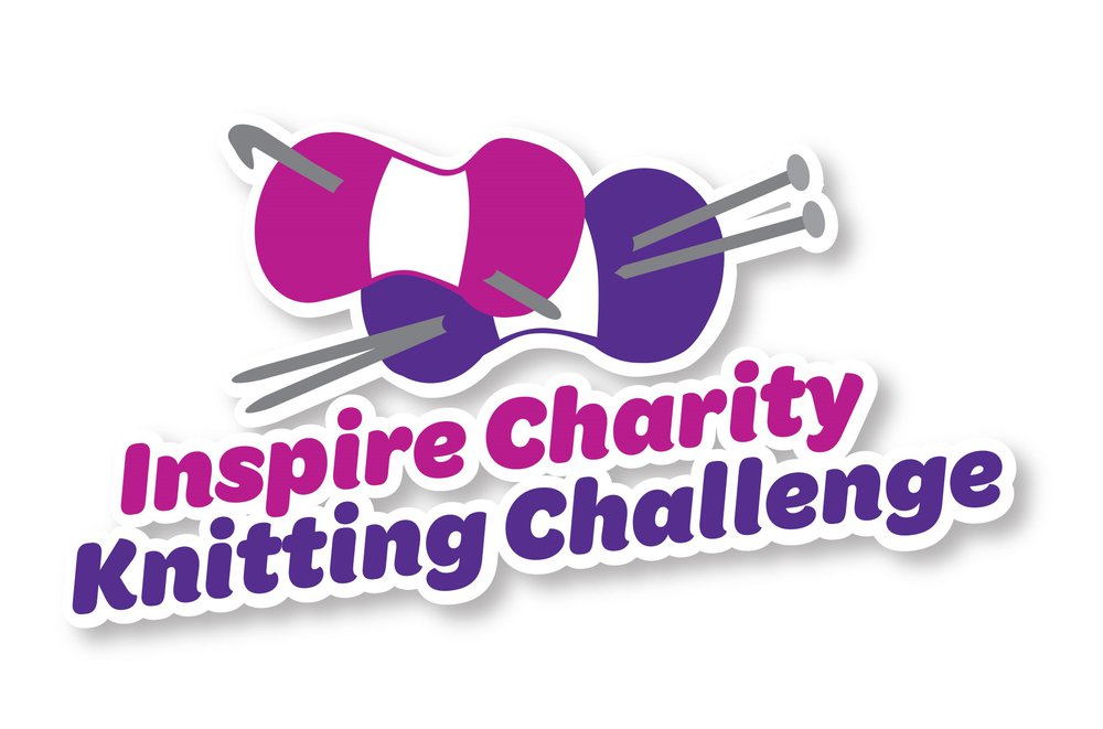The logo for the Inspire Charity Knitting Challenge - text and an image of two balls of wool, knitting needles and a crotchet hook