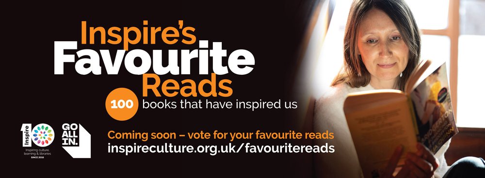 A banner promoting Inspire's Favourite Reads, featuring an image of a woman sat on some stairs reading a book