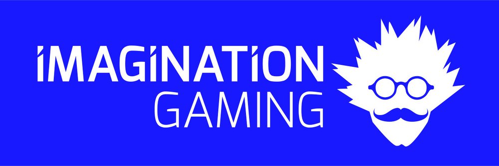 The logo banner for Imagination Gaming has a blue background with white text and the image of a white silhouette of a man with wild spiky hair, glasses and a curled moustache.