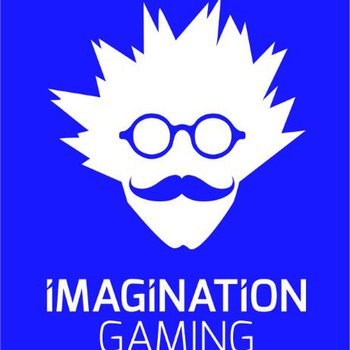 The logo for Imagination Gaming has a blue background with white text and the image of a white silhouette of a man with wild spiky hair, glasses and a curled moustache.