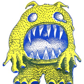 Illustration of a yellow creature will blue outline. It has a large open mouth with pointy teeth.