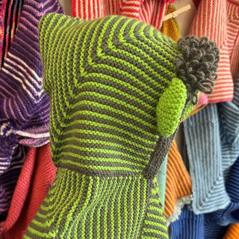 Green striped Story Snuggler hood with loops and ears