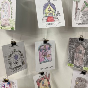 Image of 9 postcards with drawings made by primary school children, displayed at Worksop Library gallery