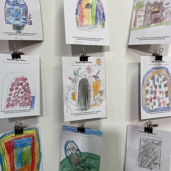Image of 9 postcards with drawings made by primary school children, displayed at Worksop Library gallery