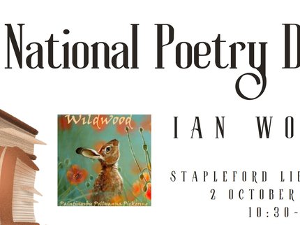 Painted image of a hare in a field of poppies with the event detail text.