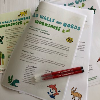 Photograph of an author materials kit showing 2 writing pens and help sheets