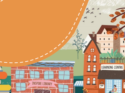 An illustration of a library building and learning centre.