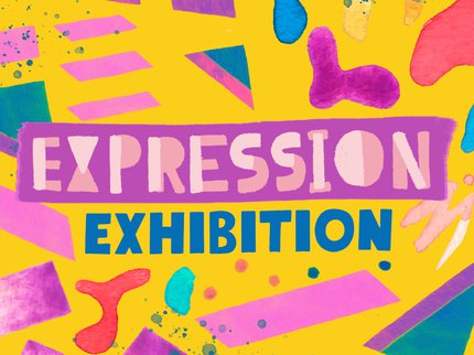 Expressions exhibitions thumbnail on colourful background.
