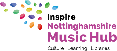 Inspire Nottinghamshire Music Hub logo with Inspire petals in bursting pattern