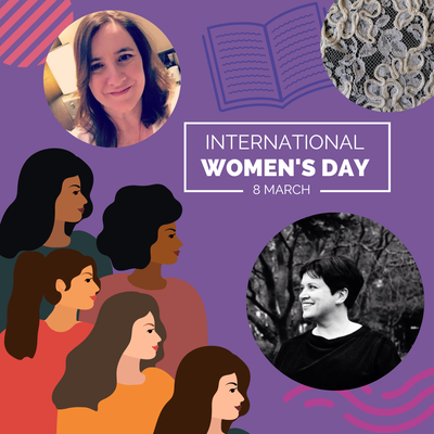 A purple tile with Internation Women's Day and illustrations of women next to author photos