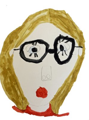 Child's self portrait in coloured felt tips. Blonde hair, red top and black glasses.