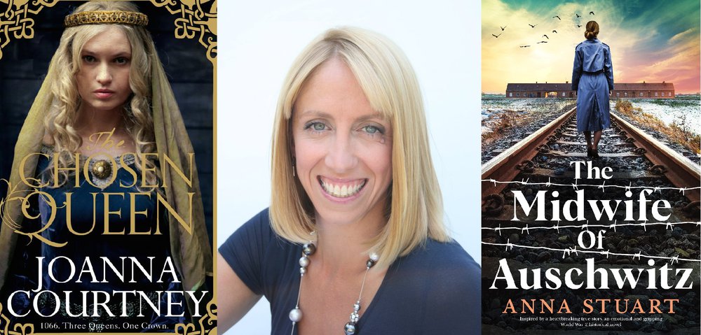 A portrait of Jo Barnden, a smiling white woman with shoulder length straight blonde hair, flanked by the covers of two of her books - The Chosen Queen (written as Joanna Courtney) and The Midwife of Auschwitz (written as Anna Stewart)