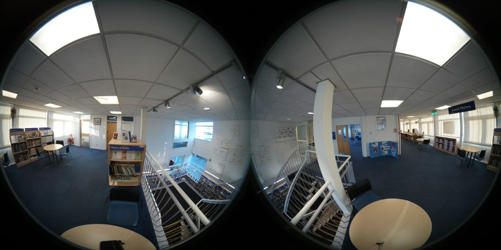 A view of the Local Heritage area at Kirkby-in-Ashfield Library taken with a fisheye lens.