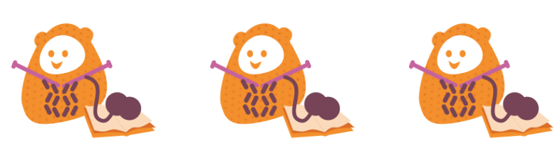 Three small cartoon orange creatures, knitting with purple wool