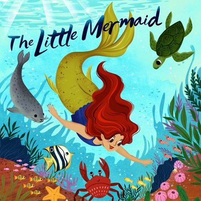 Illustration of a mermaid swimming underwater with sea creatures, with the title "The Little Mermaid" above