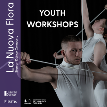 A male dancer in white, holding thick string across his chest, with a female dancer behind him holding string up to the sky, looking up. A purple column on the left hand side which says La Nuova Flora in white text