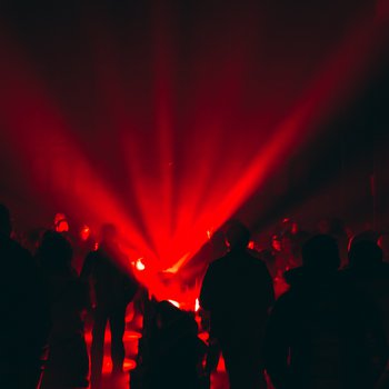 Church interior lit up red.