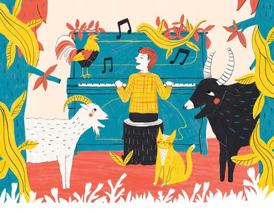 Cartoon image of a man playing the piano surrounded by a goat and other animals.