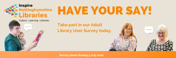 Adult Library Survey Have your say, includes photographs of two men and two women