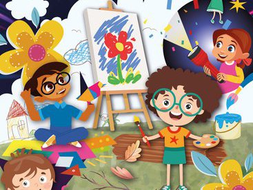 Little Creatives logo - cartoon children doing arts and crafts