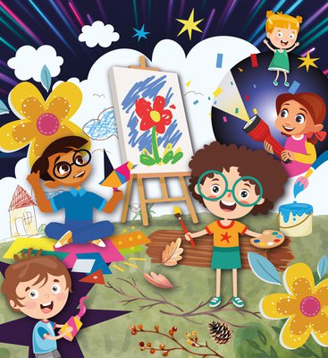 Thumbnail of 'Little Creatives' logo, there are 5 cartoon children on a purple and blue background engaging in arts and crafts activities.