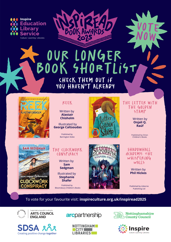 A poster showing the Longer books shortlisted titles for InspiREAD 2025