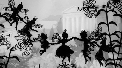 The silhouettes of six fairies and six flowers, over a faded black and white background of a landscape of flowers and hills, with the front of a stone building with columns.