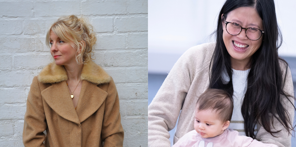 Left: Liz Berry, poet. Right: Parent and baby smiling in a library