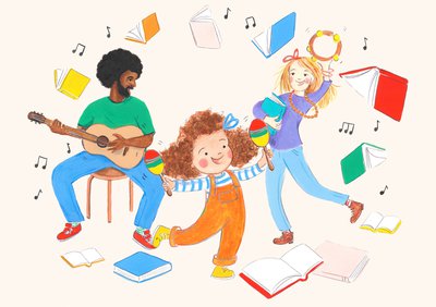 Illustrated Luna with orange dungarees, blue stripey top and brown curly hair stands in the foreground holding maracas in each hand.  In the background a man, Dad, sits on a stool holding a guitar and mum holds a tambourine above her head.  Surrounded by books and musical notes.