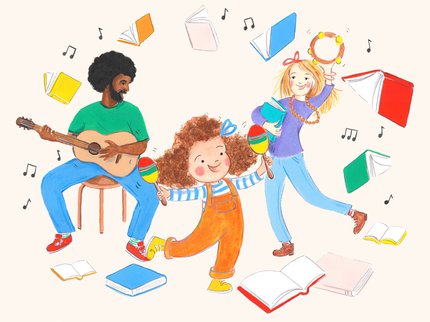 Illustrated Luna with orange dungarees, blue stripey top and brown curly hair stands in the foreground holding maracas in each hand.  In the background a man, Dad, sits on a stool holding a guitar and mum holds a tambourine above her head.