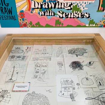 Photo of a collection of line drawings in a display case of Newstead Abbey grounds