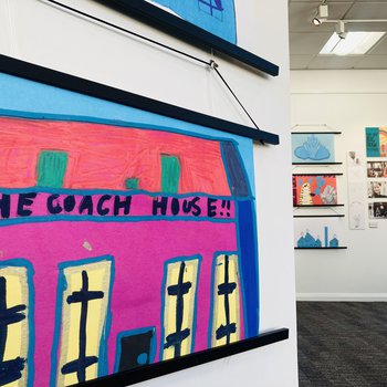 Close up photo of child's drawing of the coach house at Rufford Country Park