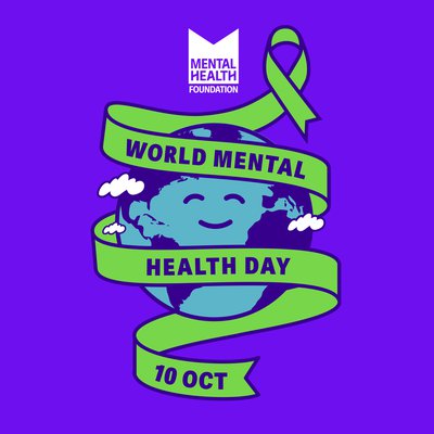 An illustration of earth smiling with a green ribbon wrapping around it, with test 'World Mental Health Day'
