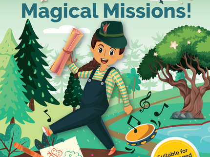 Illustrated Marian, dressed in green dungarees, striped long sleeved t-shirt and hat.  Marian holds a map as she strides away on a winding path from an Oak tree.